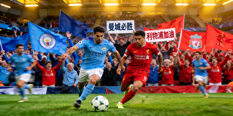 英超联赛曼城对阵利物浦的激烈比赛画面，球迷欢呼